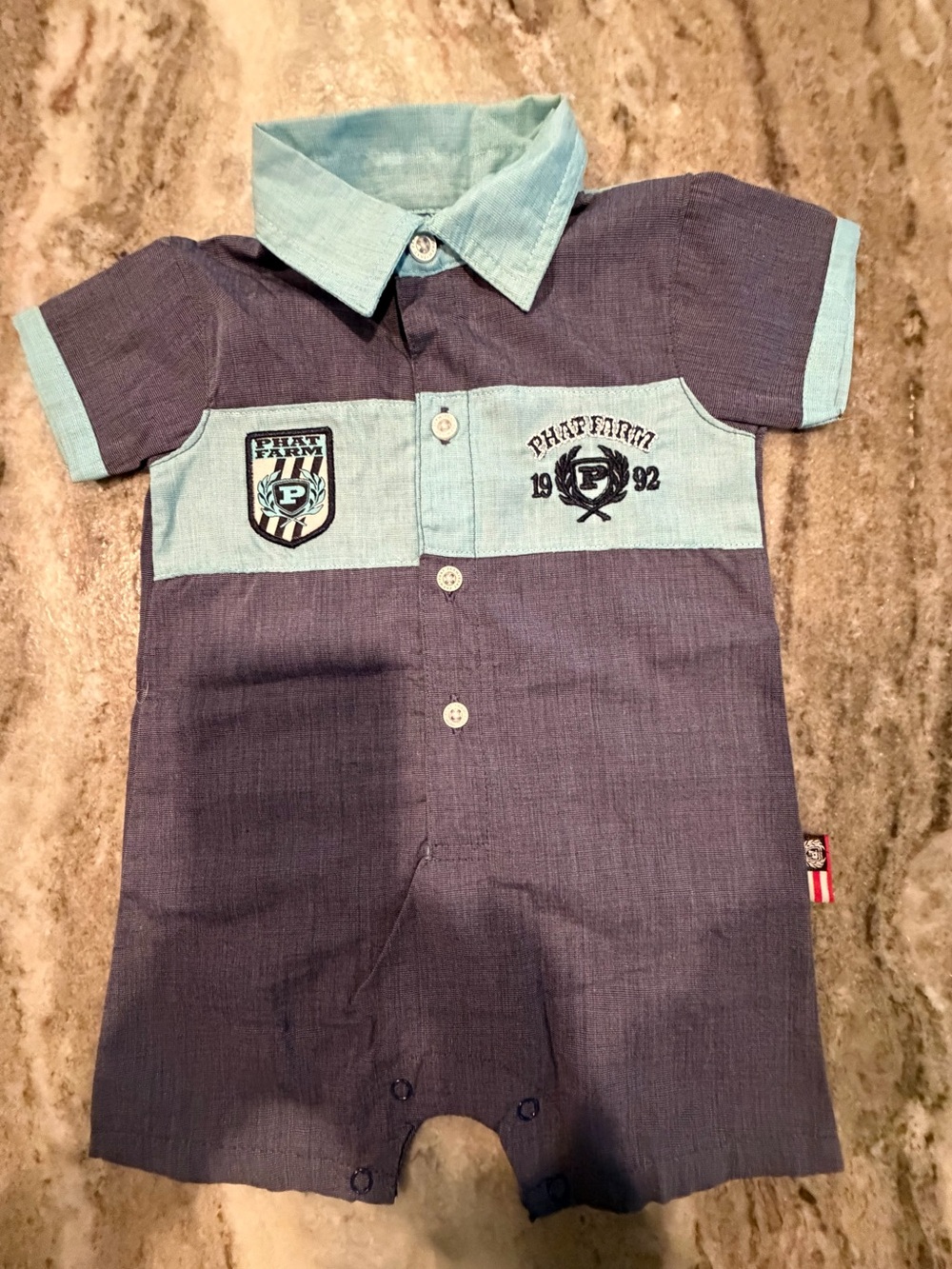 NWT Phat Farm Romper. 3-6 Mo Boy. Blue W Teal Pockets. 100% Cotton Short Sleeve